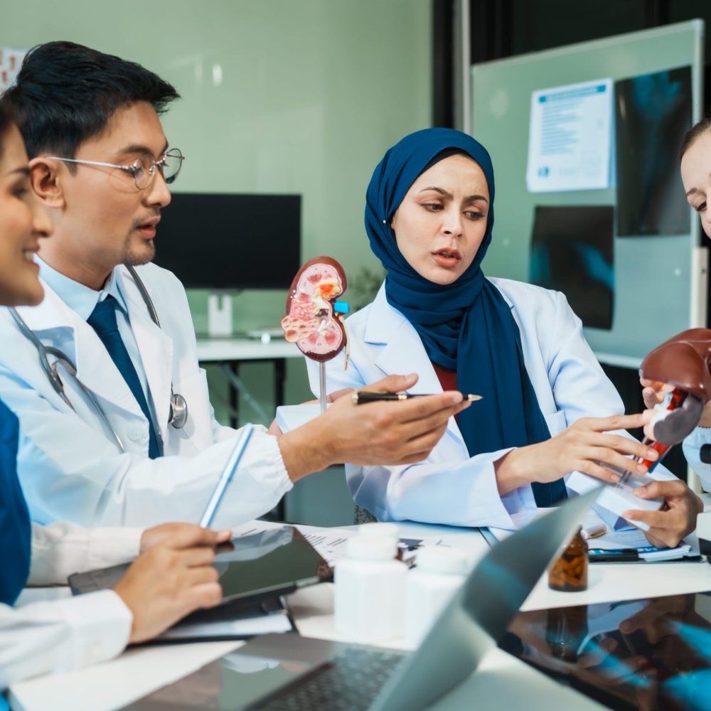 A diverse group of healthcare professionals, including doctors, nurses, and specialists